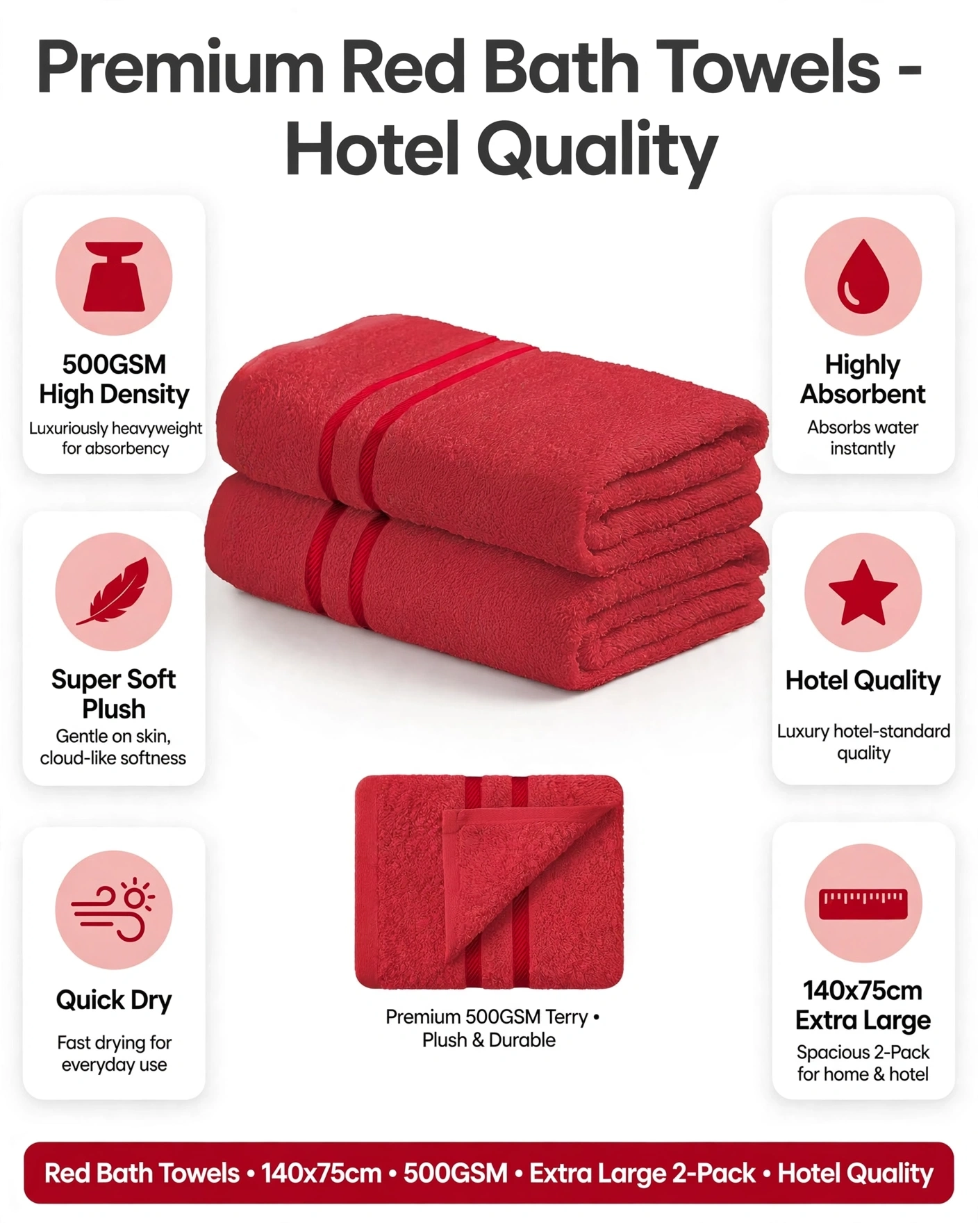 LUXURY TOWELS 2 Piece Set Red Hotel Quality Bath Towels Shower Bathroom - Image 8
