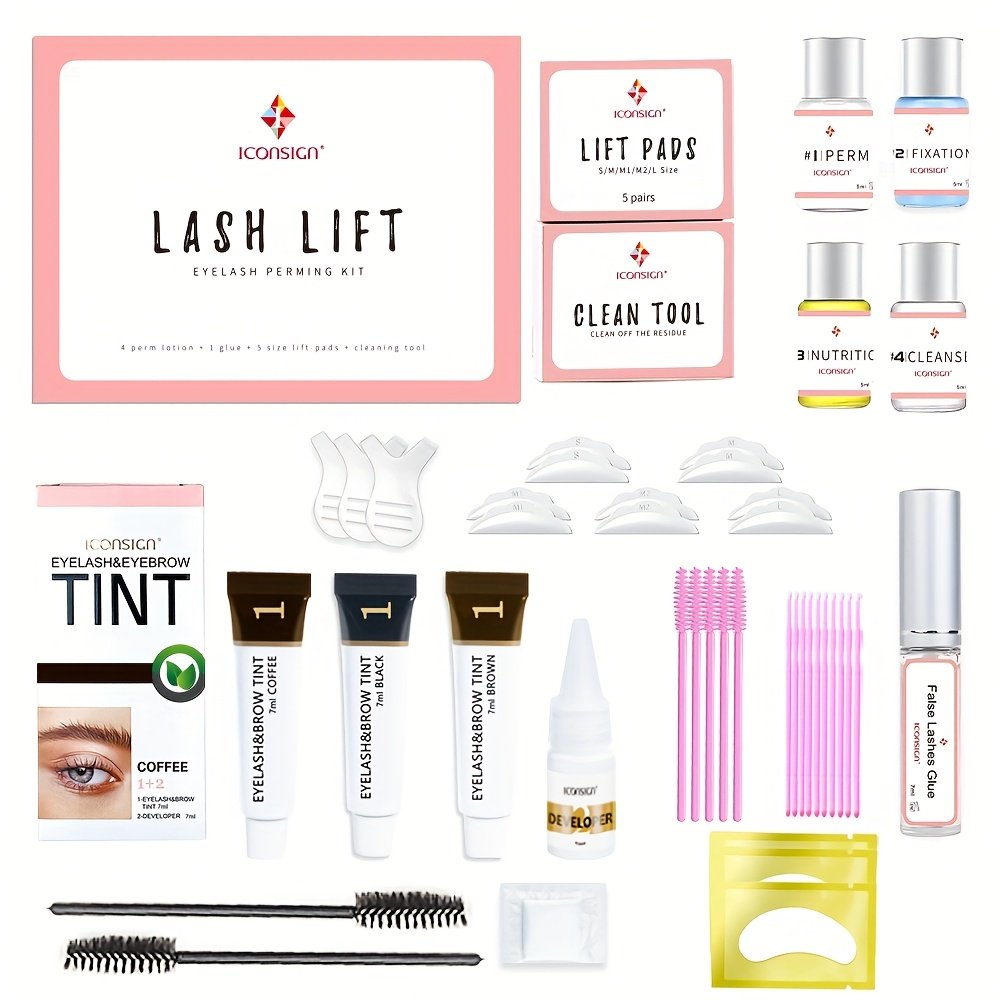 ICONSIGN New Combination Perm Eyelash and Brow Kit, Beauty Salon's Hot Selling Lash Styling Tool, Perming Eyelash Set, Trendy Brow Dye, Waterproof Quick-Dry Semi-Permanent Brow Dye Combo Set